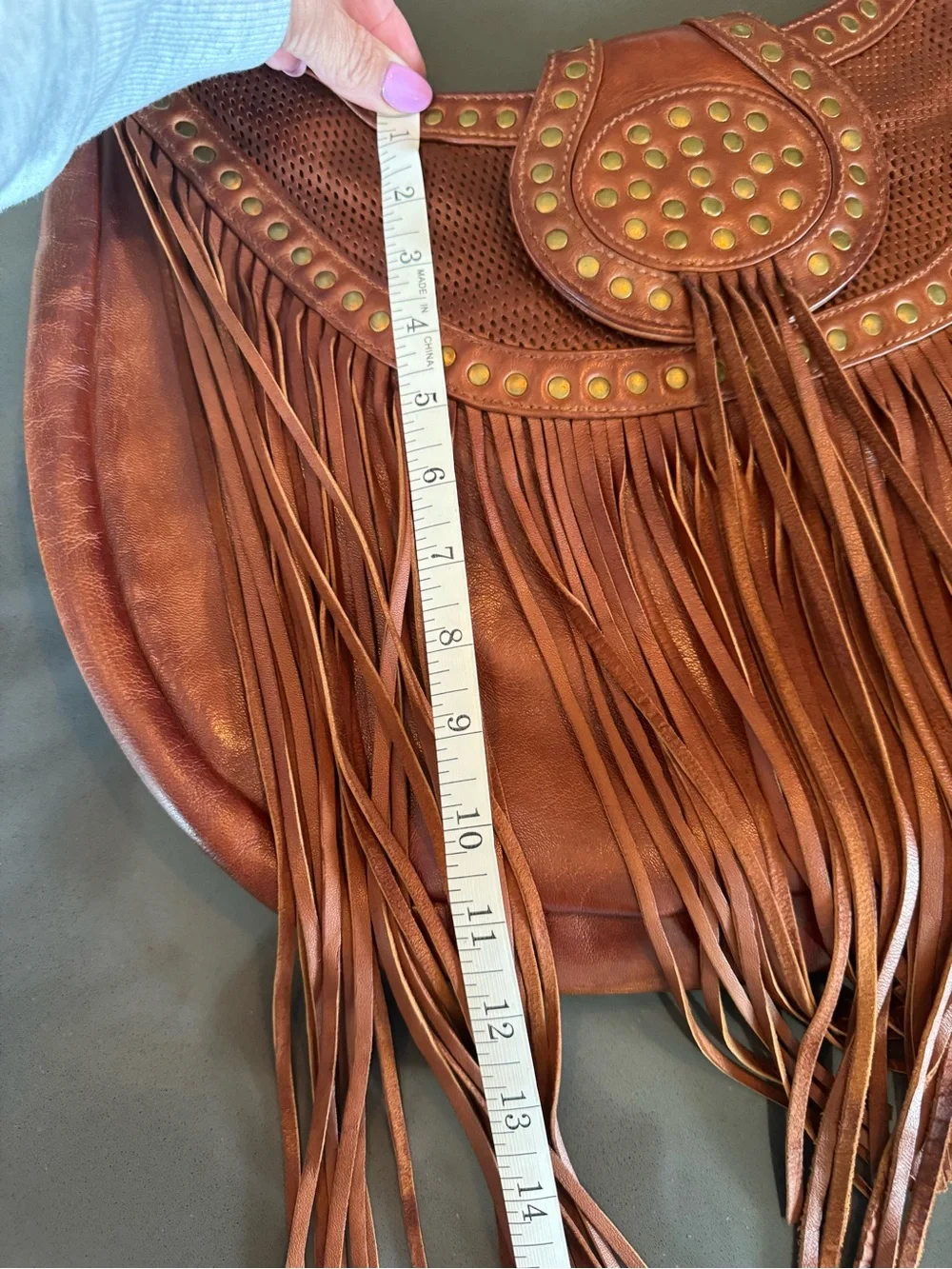 Scully Brown Leather Fringe Hobo with Gold Studs -genuine leather - NEVER USED